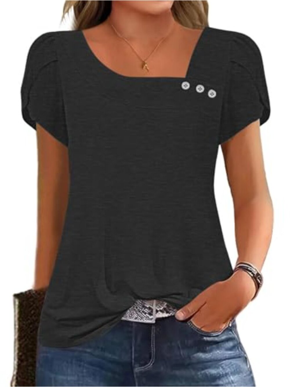 Women's Asymmetric Neck Button Petal Sleeve T-Shirt Loose Fit